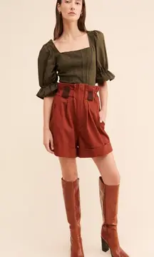 NWT Sunday in Brooklyn Anthropologie Tie-Back Corset Top Puff Sleeve Olive Sz XS