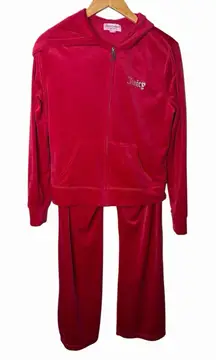Juicy Couture Red Velour Track Suit Zip Up Hoodie Pants Set Women’s Size Medium