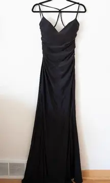 La Femme Cross Back Satin Jersey Trumpet Strappy Back Gown Dress