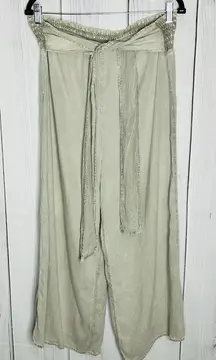 Bella Dahl Olive Green Cropped Wide-Leg Tie Front Pants Smocked Sz M (30x23)