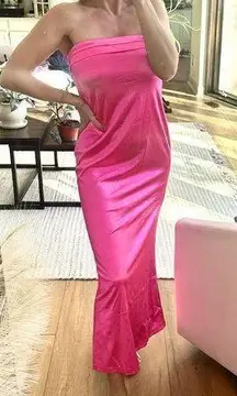 Anrabess Satin Dress Small Women’s Formal Gown Hot Pink Wedding Maxi Strapless