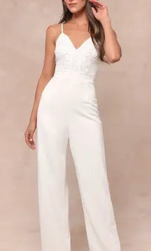 NWT Lulus Memorable Occasion White Beaded Sequin Wide-Leg Jumpsuit Glam Bling S