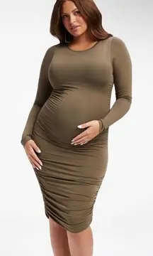 NWT Good American MATERNITY RUCHED MIDI DRESS in Fog nude brown pregnancy size 0
