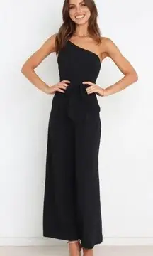 Petal and Pup  Leyton Black One Shoulder Wide Leg Belted Jumpsuit 4