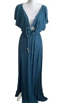 Elan Women Maxi Viscose Dress Deep V Neck Boho Chic Gauzy M Teal Beach Resort