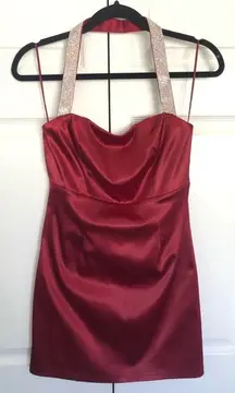 Burgundy Red Satin Mini Dress with AB Rhinestone Detail Size L