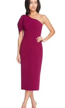 Dress The Population Tiffany Magenta One Shoulder Bow Crepe Midi Dress Small