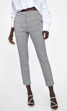 Zara Basic Gray Checkered Plaid Pants Elastic Back Waist