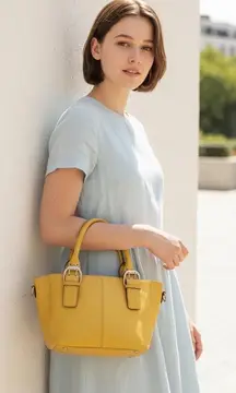 Tignanello Yellow Pebbled Leather Buckle Tote Shoulder Bag