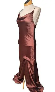 Revelry Kimora Terracotta Rust Brown Satin Cowl Neck Corseted Maxi Dress 6