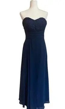 Bill Levkoff Navy Blue Strapless Maxi Dress Formal Gown Womens 6 Lace Bodice