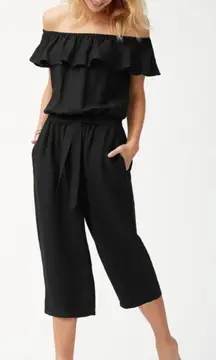 TOMMY BAHAMA LINEN DYE CROPPED JUMPSUIT RUFFLES BLACK WIDE LEG OFF THE SHOULDER
