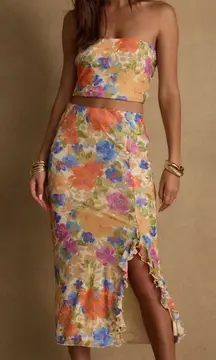 12th Tribe Set 🌺 Marisol Floral Mesh Strapless Crop Top & Midi Skirt set