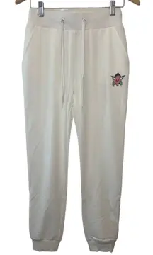 Badgley Mischka White Lounge Jogger Pants Embroidered Face Patch Size XS NWT