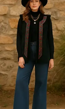 Vintage Bob Mackie Wearable Art Leather Vest Southwest Boho Embroidered Black 3X