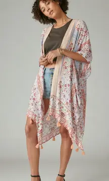 Lucky Brand Womens Kimono One Size Peach Multi‎ Boho Print Beach Coverup Fringe
