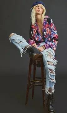 Free People Brunch A Bunch Longsleeve Tunic Top Black Floral Motif Size Small