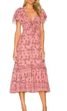 Cleobella Ashlyn Midi Dress Smocked Floral Metallic Batik Print Pink Women's XS