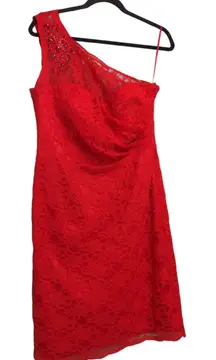 Oleg Cassini Womens Sheath Dress Red One Shoulder Sleeveless Lace Party Sexy 8
