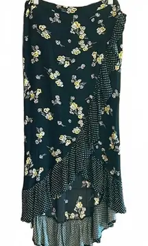Maurices Womens Maxi Skirt Size M Black Floral Ruffle Hem Faux Wrap