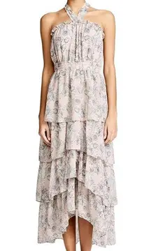 MISA Los Angeles MISA Valeria halter tiered pink gray ruffle midi dress floral