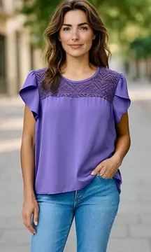 Lily White Lavender Flutter Sleeve Top Medium Aztec Lace Boho Blouse