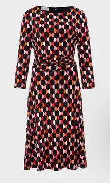 Hobbs London Bayview Geometry Midi Waisted Dress 12 Black Boat neck Back Zipper