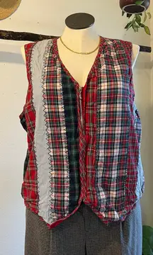 Vintage 90s Red Patchwork Plaid Flannel Blue Denim Zip Up Vest Top Size 20