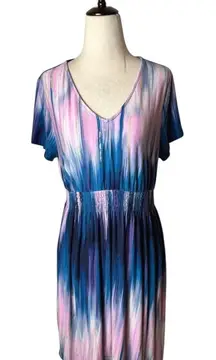 Soma Nightgown Women Medium Blue Pink Tie Dye V Neck Smocked Waist Sleep Shirt