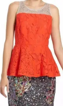 Moulinette Soeurs Glitzen Lace Peplum Tank Size 8 Orange Red Motif Anthropologie