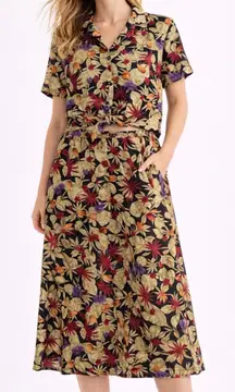 Vintage 90s Sag Harbor Petite Two Piece Floral Short Sleeve Button Midi Skirt