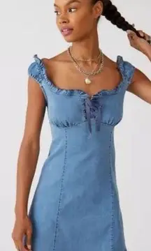 Nayda Denim Ruffle Lace up Stretch Mini Dress womens XS new