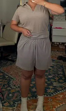 Brown beige two piece lounge set sleeping on pajama set neutrals brown clean girl 