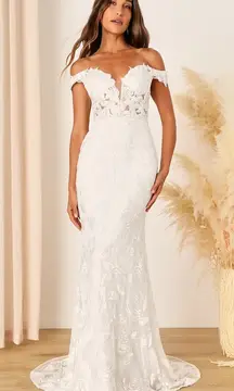 NWT Lulus Precious Romance White Embroidered Off-the-Shoulder Maxi Dress Bride 6