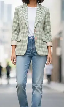 Vintage Orvis River Road Houndstooth Blazer Womens 16 Green White Jacket Silk