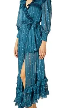 MISA Gabriella Ruffle Trim Midi Dress in Metallic Teal Size XS NWT