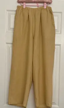 FLAX Pull-On 100% Linen Pants Womens Sz S Yellow Pockets Lagenlook Wide Leg READ