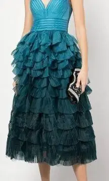 NEW MARCHESA NOTTE V-Neck Ombre Tulle Tiered Ruffle Gown Sage 14