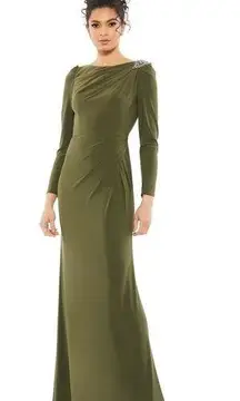 Mac Duggal  55695 Boat Neck Jersey Gown Embellished Shoulder Olive Green 12