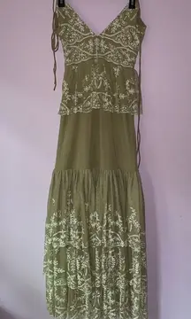 Tularosa XS Maxi Dress Tie Strap Tiered Embroidered Boho Cottagecore
