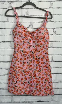 AUW Lemon Print Mini Dress Pink Orange Button Front Smocked Back Women’s M Cute