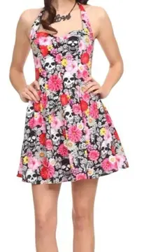 Hell Bunny Floral Skull Halter Pinup Halter Mini Dress Size‎ Large Halloween