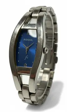 Fossil F2 Womens Silver Tone Blue Dial Rectangle Bracelet Wrist Watch ES-9387