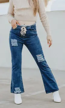 front lace up distressed  high waisted flare wide leg jeans size 30