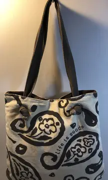 Life Is Good Brown Tan Paisley Lined Canvas Purse Tote Hand Shoulder Bag
