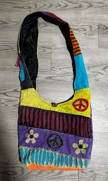 Vintage Y2K Boho Patchwork Peace Sign Flower Crossbody Bag Hippie Festival Purse