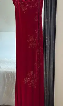 Vintage All That Jazz Red Velvet Rhinestone Maxi Dress 90s Y2K