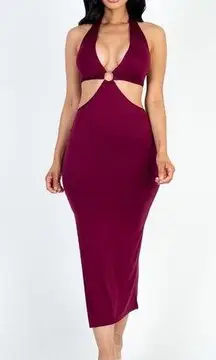 NEW Burgundy Wine Front Cut Out Halter Neck Back Tie Midi Dress