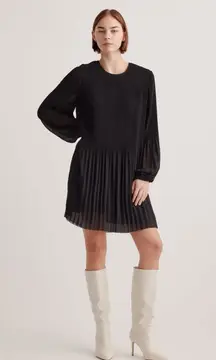 Quince Chiffon Pleated Long Sleeve Mini Dress in Black Size Small