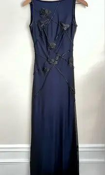Tadashi Vintage 1990 Rhinestone Embellished Maxi Dress navy blue mesh cowl back